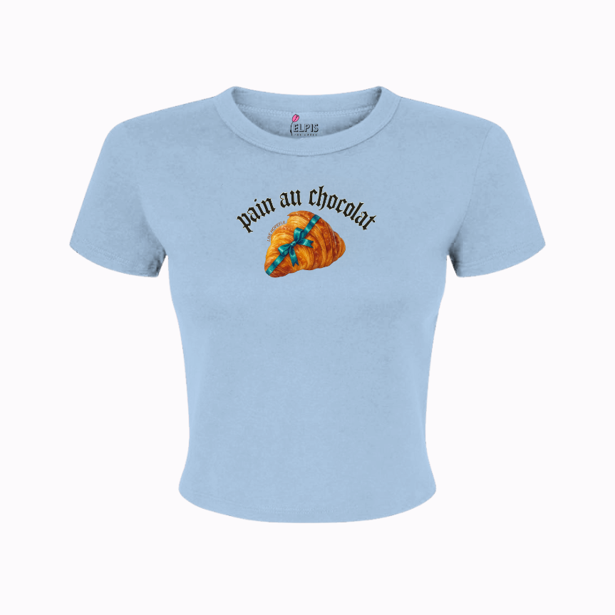 Light blue t-shirt with a pastry graphic and text on a white background