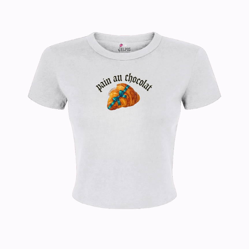 White t-shirt with a pastry graphic and text on a white background